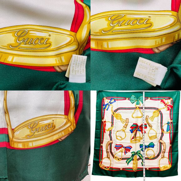 Vintage Gucci 100% Silk Satin Scarf 34" Ivery Green Red Bow Italy Made (45) - Picture 4 of 15